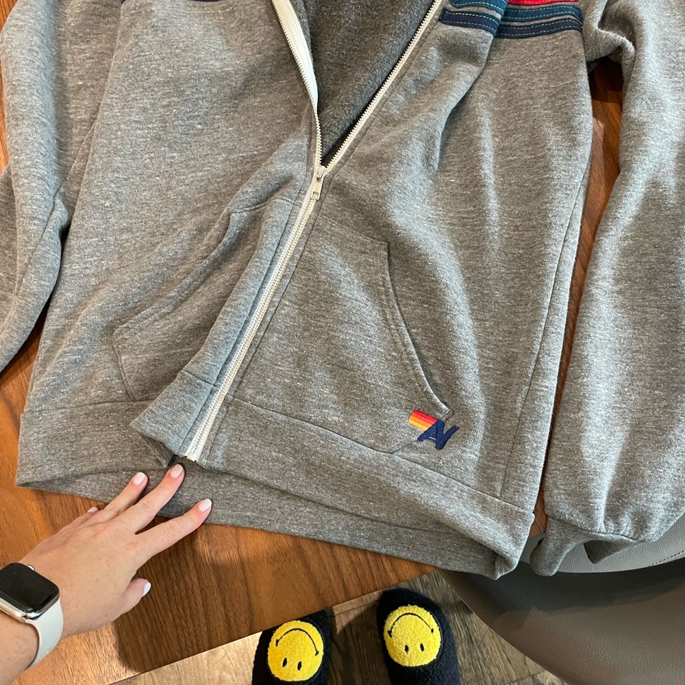 Aviator Nation Gray Zip Hoodie with Multicolor Stripe Accents - Picture 5 of 5
